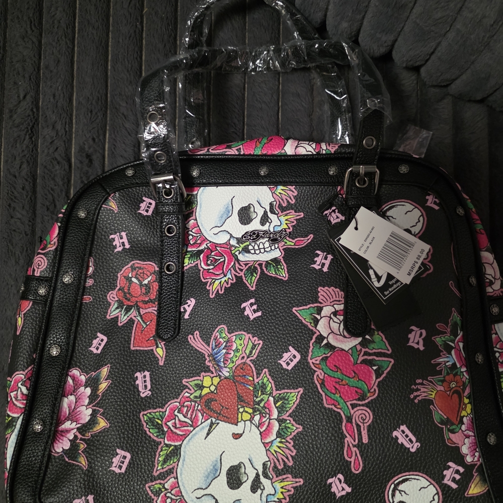 Ed Hardy Black Shoulder Bag with Skull and Floral Design